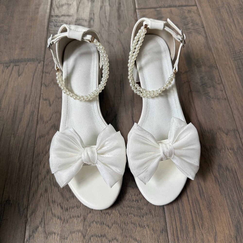 White Pearl Bow Wedge Heels - Size 8